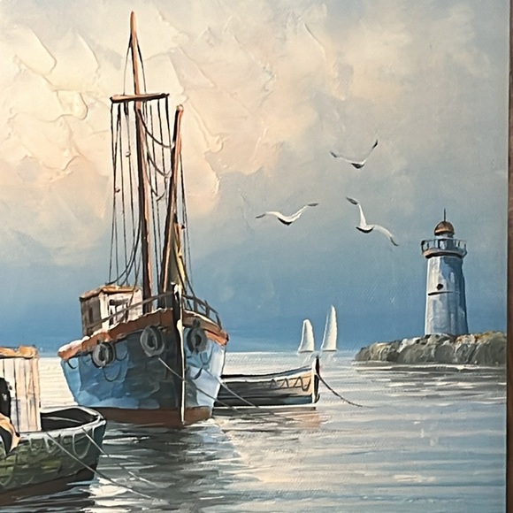 Original Max Savy Seascape Marina Lighthouse Fishing Village Framed Oil Painting - Picture 4 of 7